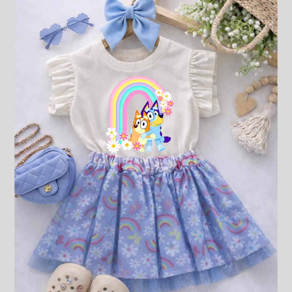 Conjunto Infantil Amiguinhos Blueey do Arco-Íris-caretas Look Fofinho Delicado e Encantador short saia e blusa off white