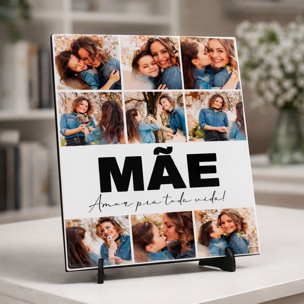Azulejo Porta Retrato Personalizado Presente Dia das Mães Mãe Mamãe com Mural de Fotos Frase e Nome