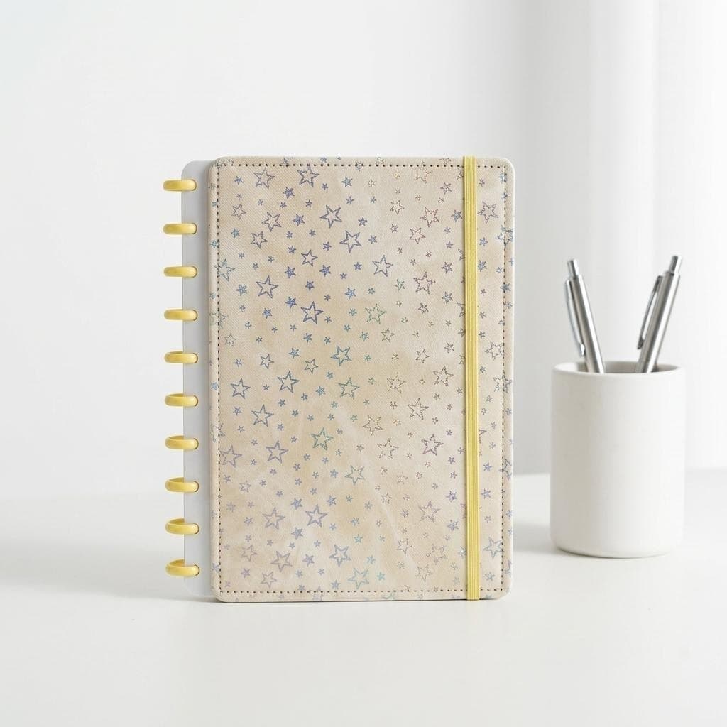 Caderno Inteligente B5 80 Folhas - Capa Textura Jeans com Estrelas Brilhantes - Sistema de Discos para Escola e Trabalho