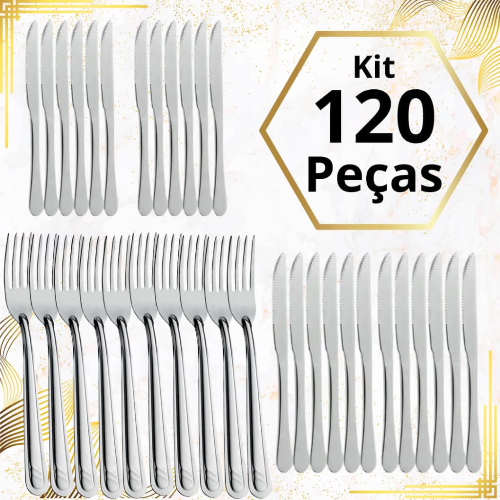 Talheres 120 Unidades Kit 60 Garfos 60 Facas 100% Aço Inox Cozinha Refeitório Restaurante Refeição