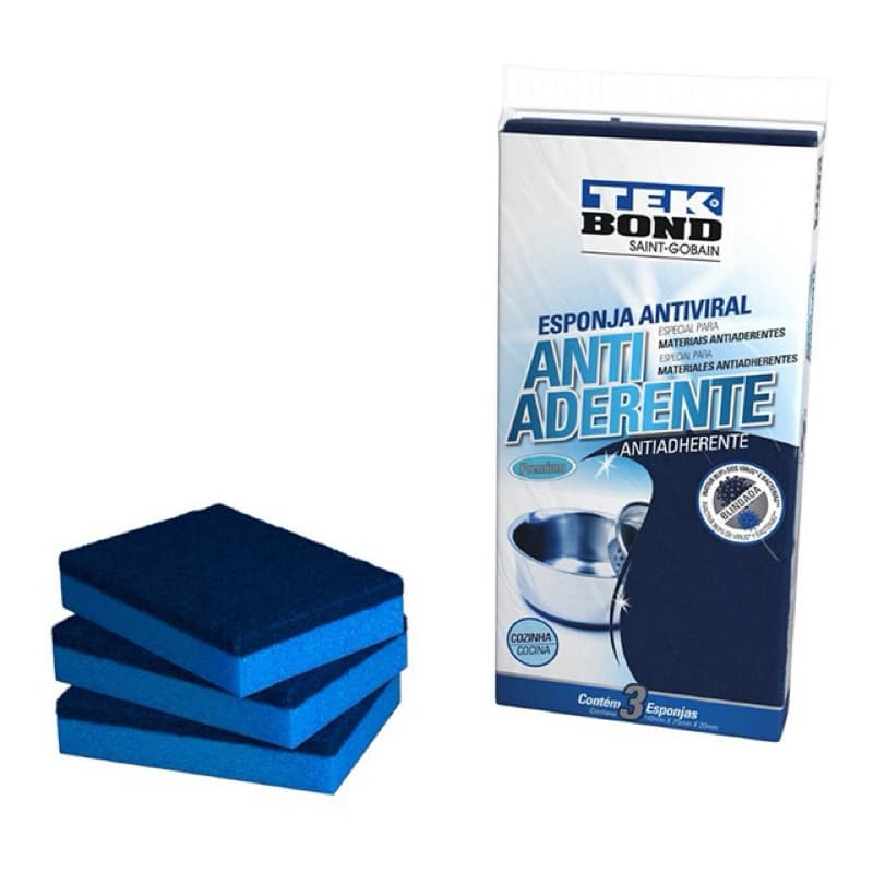 Esponja Antiaderente Azul Tekbond C/3 – Limpeza eficiente sem riscar panelas antiaderentes
