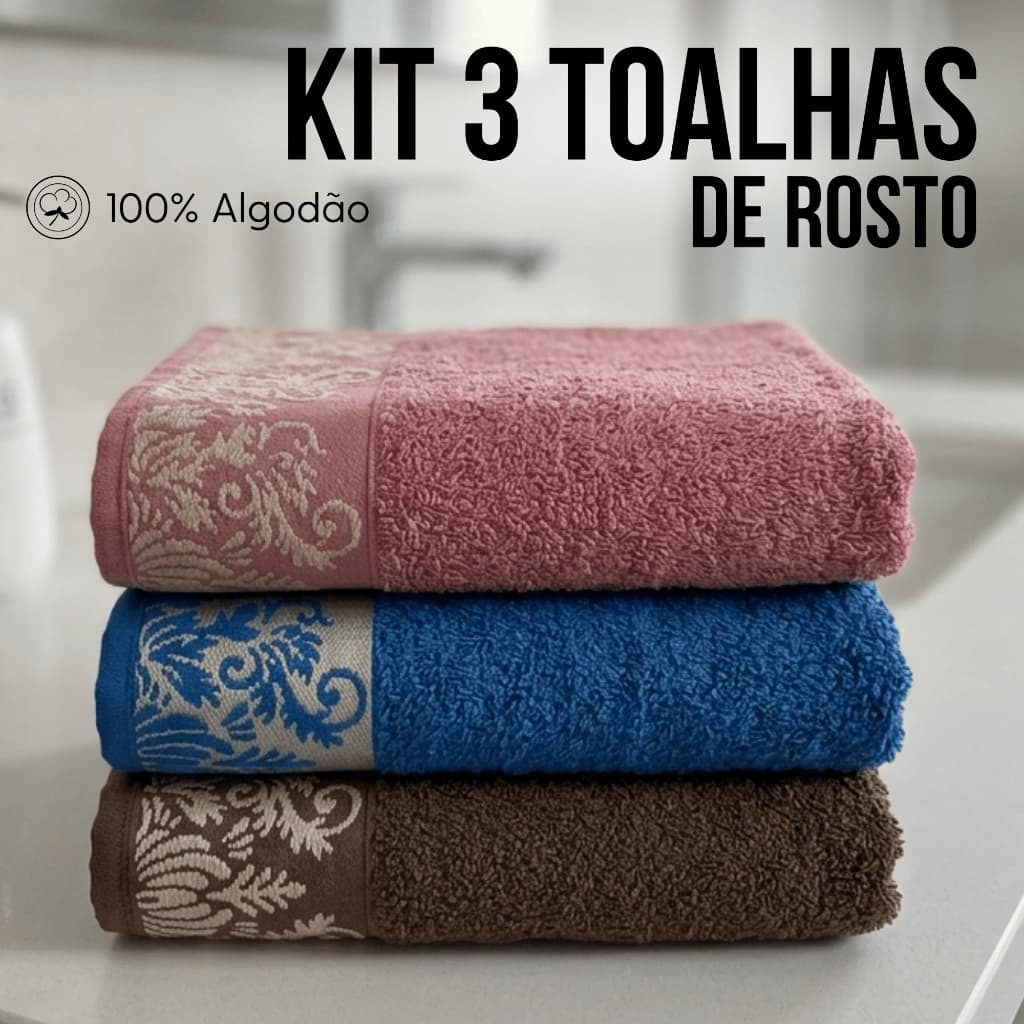 KIT 3 Toalhas de Rosto para Banheiro Luxo Premium 100% Algodão