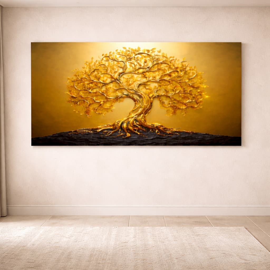 Quadro Decorativo Árvore Dourada Minimalista Abstrata Requintada Elegante Luxosa Horizontal 110x70