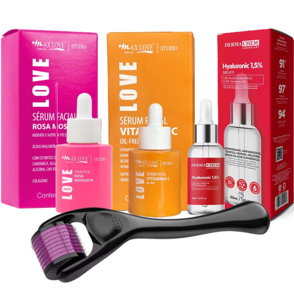 Kit Microagulhamento Dermaroller + Sérum Vitamina C Rosa Mosqueta e Ácido Hialurônico Anti Rugas e Manchas