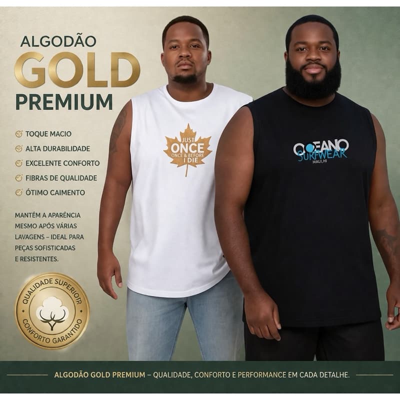 Camiseta Regata Machao Plus Size Estampada G1 G2 G3 G4 100% Algodão Gold