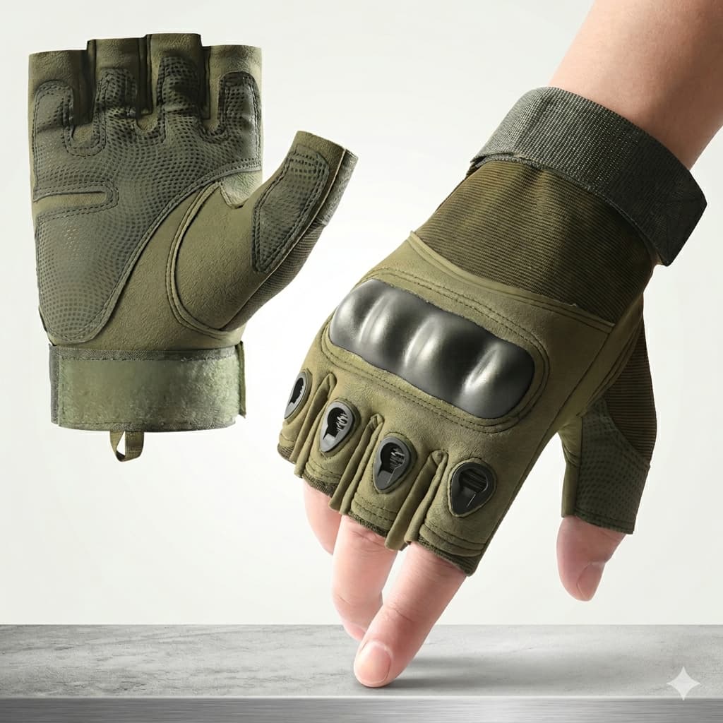 Luva Militar Tática Meio Dedo Verde Proteção Moto Bike Airsoft Resistente Antiderrapante