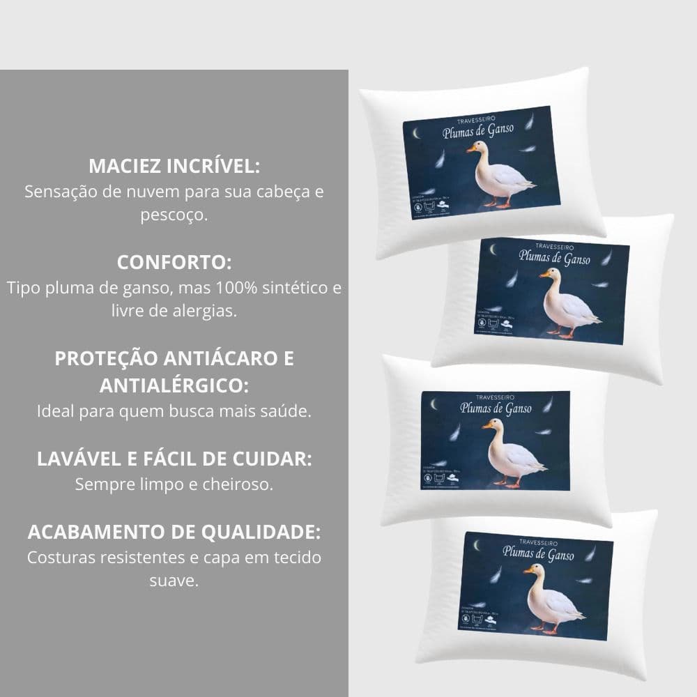 Kit com 4 Travesseiro Toques de Pluma De Ganso - Silicone