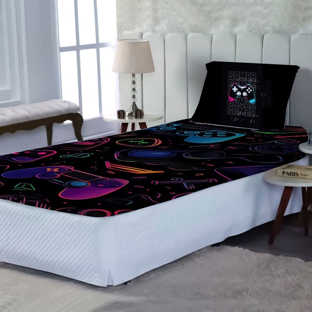 Kit Lençol Cama Gamer Neon Controle Lençol + Fronha Infantil - Escolha seu Jogo
