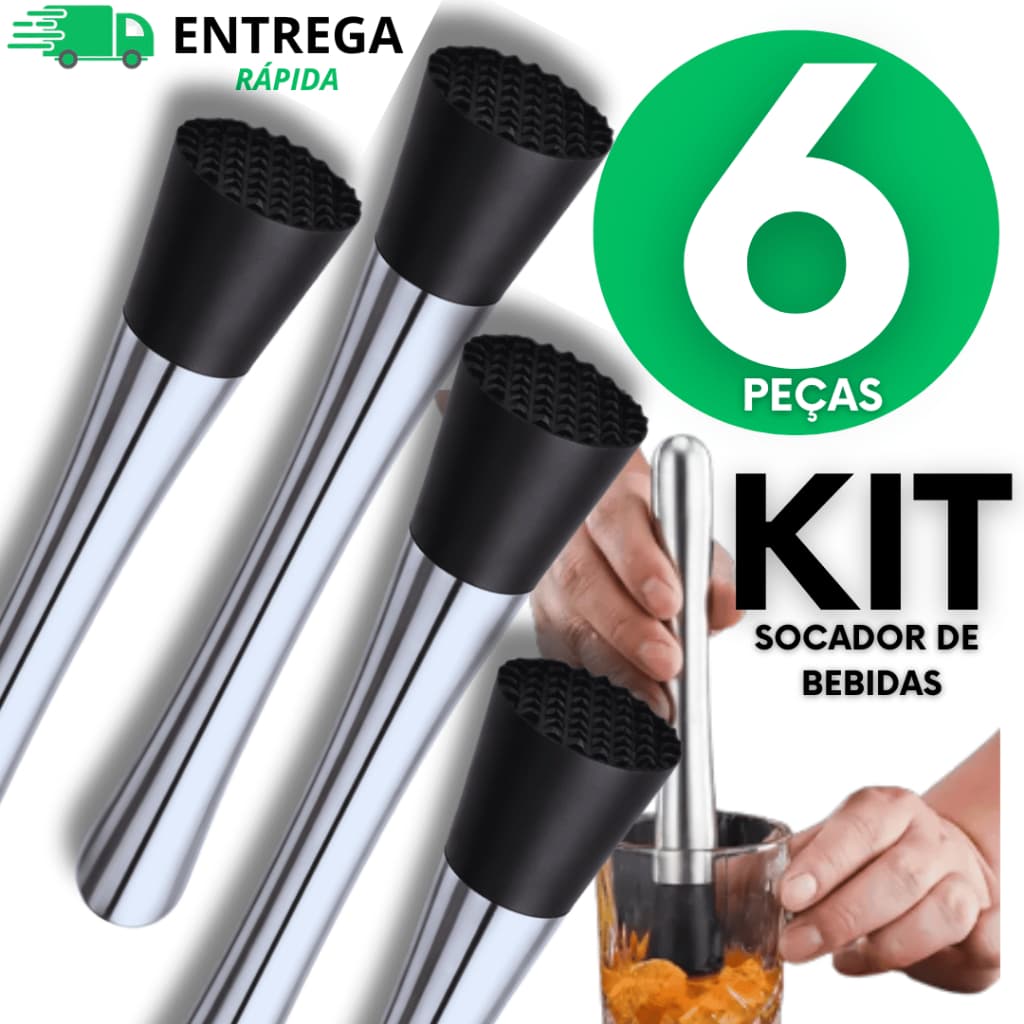 KIT  06 un - Socador de Caipirinha  Inox Macerador Drinks Coqueteis Bebidas Bar Restaurante