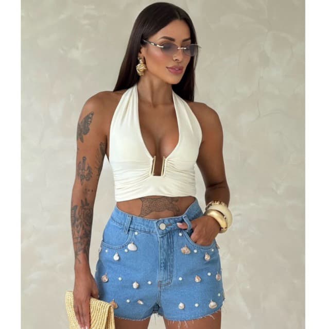 Top Cropped Feminino Argola com Amarração Decote U Forrado Blusa Suplex Poliamida Fivela Dourada Tendência Inverno 2026