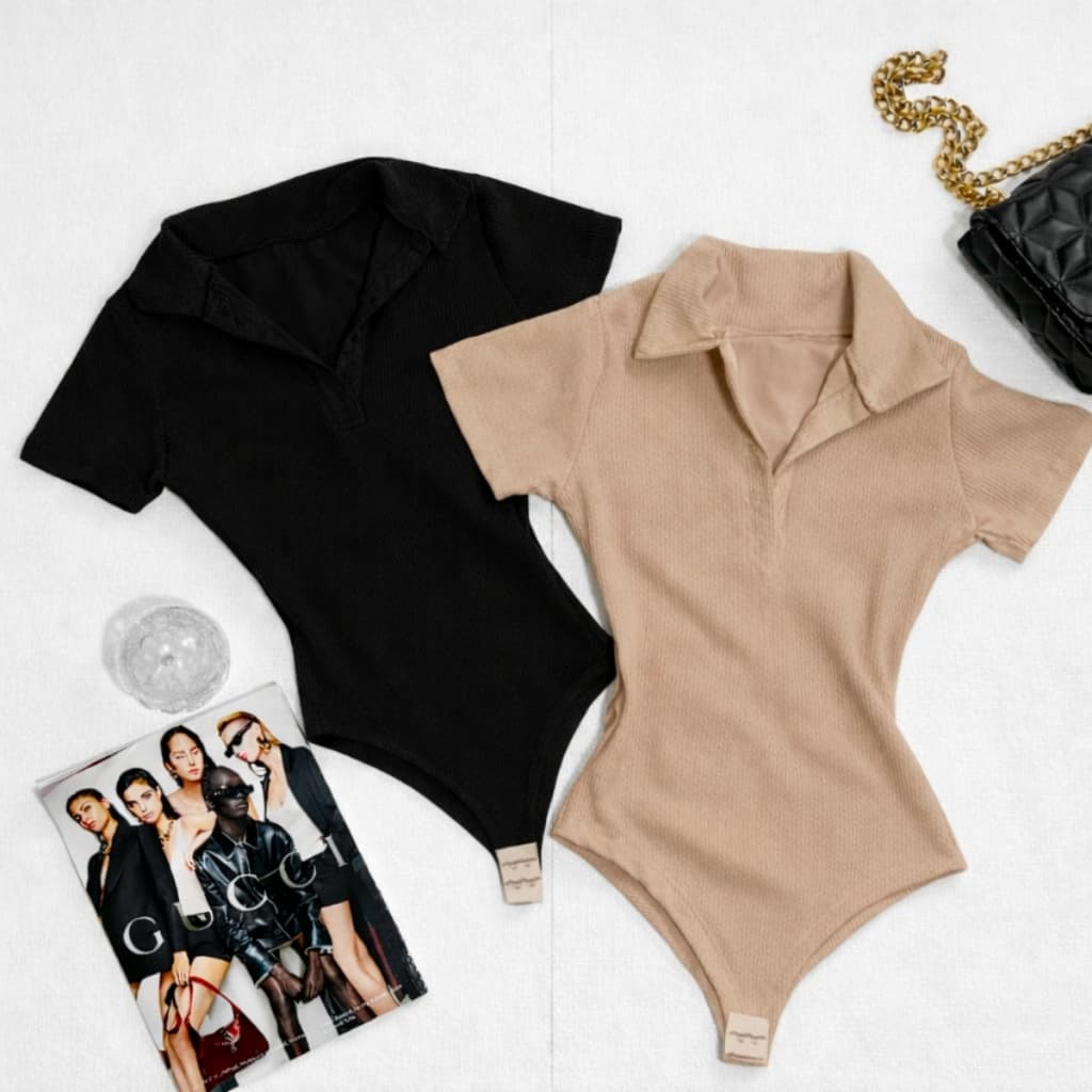Body Feminino Gola Polo Tecido Anarruga Elegante e Confortável Para Compor Look Casual Diário