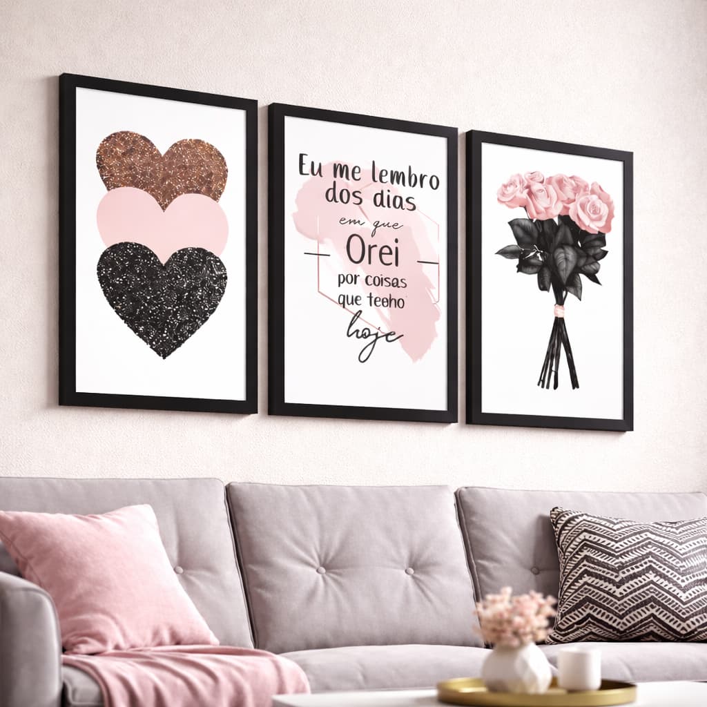 Kit 3 Quadros Decorativos Sala, Quarto, Escritório Decoração Flores, eu me lembro oração, coração rosa Opções de Borda