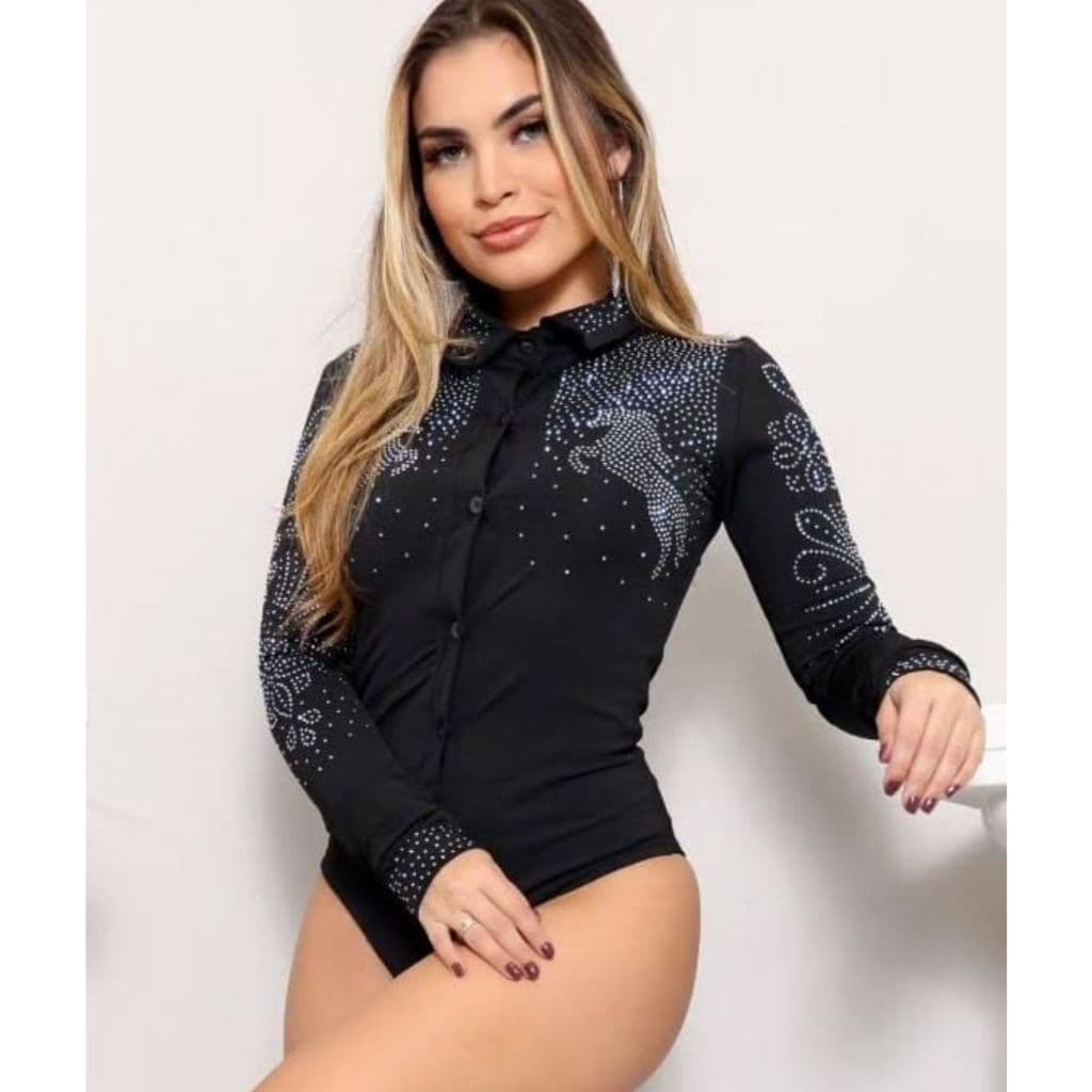 Body Camisa com Brilhos – Estampa Cavalo | Manga Longa | Suplex Boiadeira