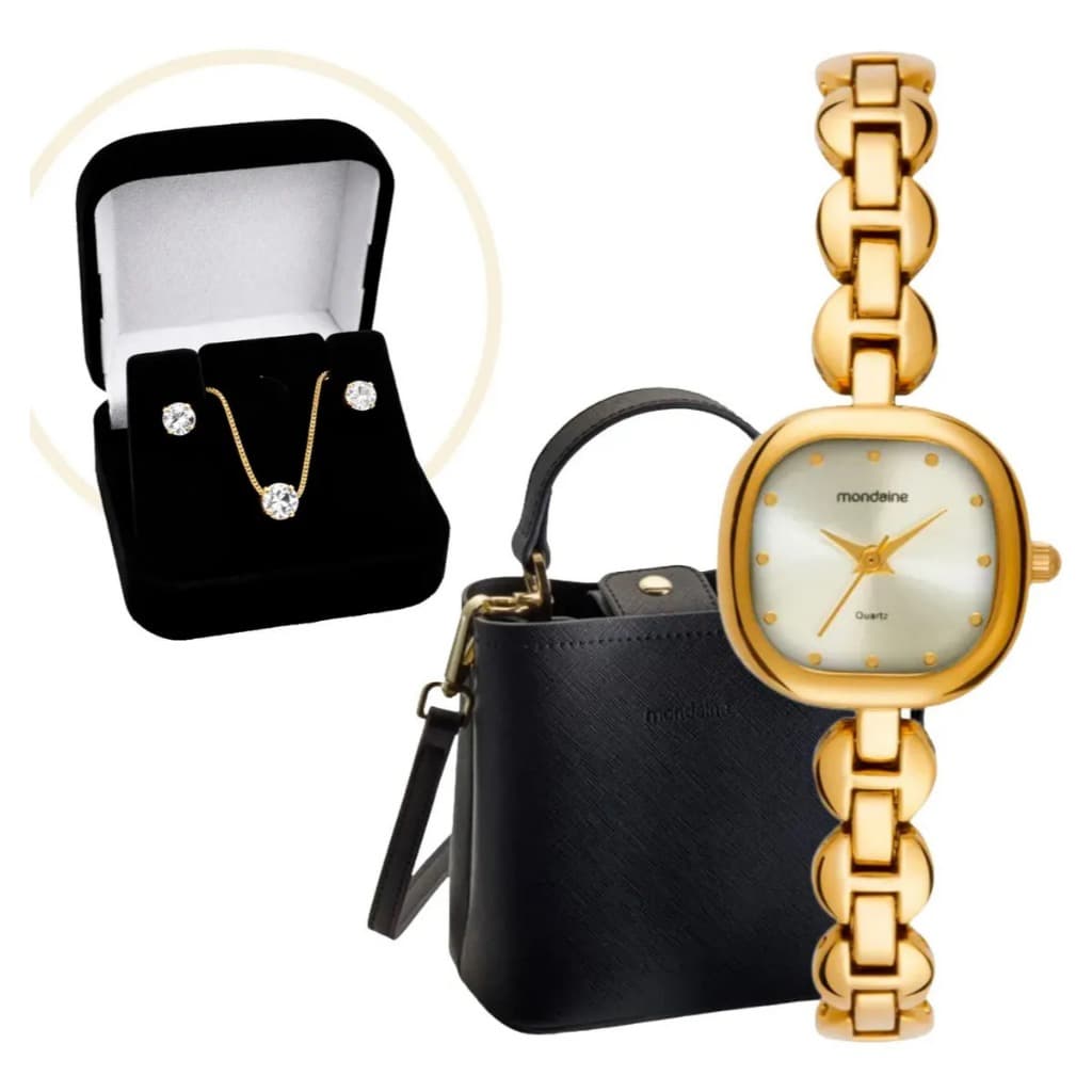 Kit Relogio Mondaine Feminino 24mm Miyota com Bolsa e Semijoia Banhado a Ouro