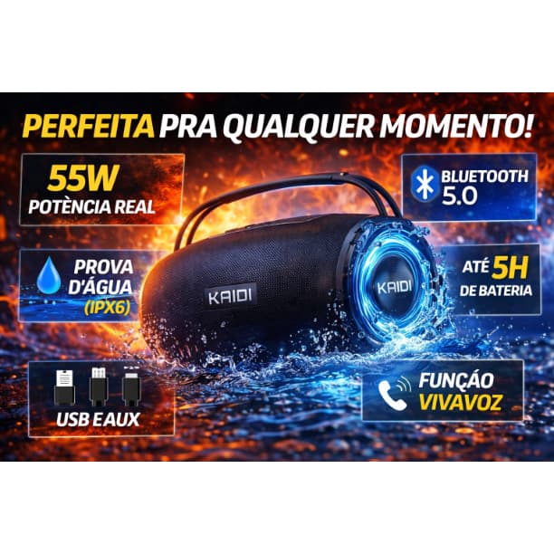 Caixa de Som Bluetooth 55W KAIDI KD-832 Grave Forte Prova D’Água Portátil USB