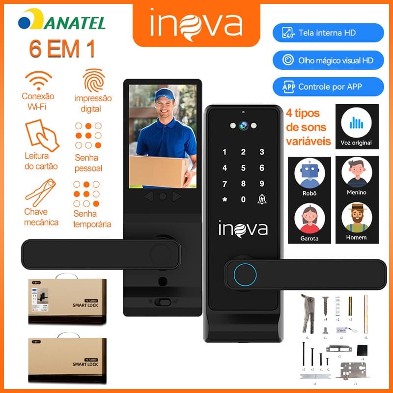 INOVA Fechadura Digital Biométrica Inteligente C Om Tela De 4 Polegadas Para Monitoramento WiFi