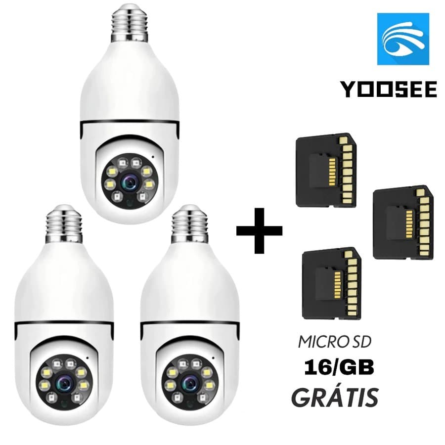KIT3 Câmera wifi ip sem fio giratória 360 encaixe lampada bocal rosca ptz visão noturna+MICROSD 16GB