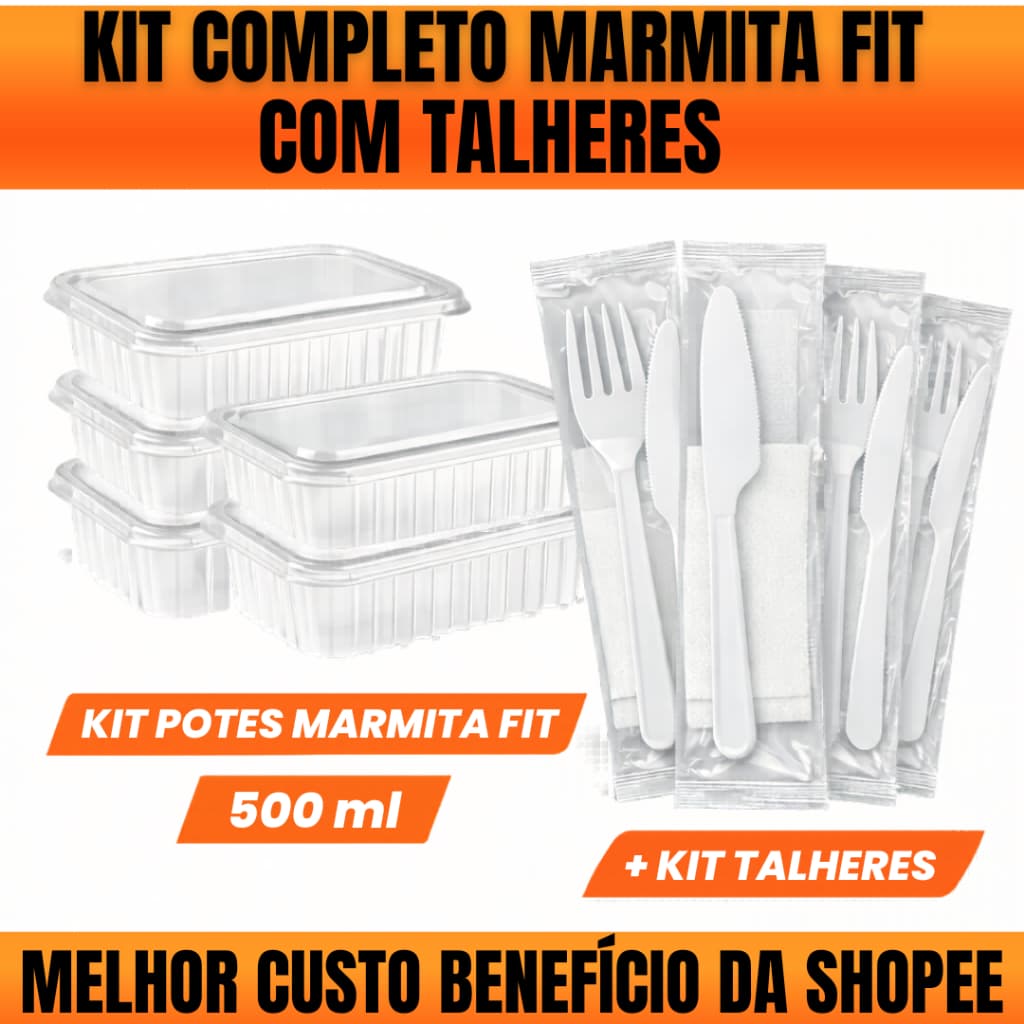 Kit Marmita Fit 500ml com Tampa + Talheres Descartáveis Embalados Pote Marmitex Delivery Restaurante