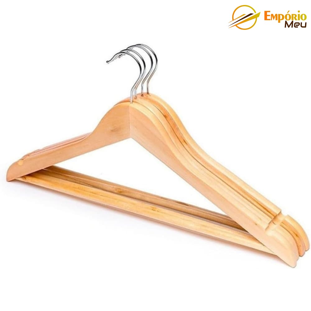 Kit 03 Cabides Madeira Acabamento Verniz Resistente Organizador Roupa Guarda Roupa