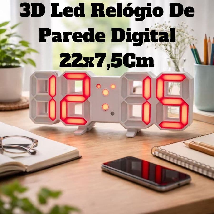 Relógio De Parede Digital 3D Led Fonte Vermelha Design Moderno Luz Noturna 22x7,5Cm Decoração
