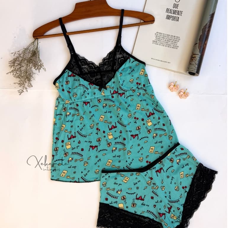 Kit Baby Doll Estampado com Renda Regata e Shortinho Verão Conjunto Feminino