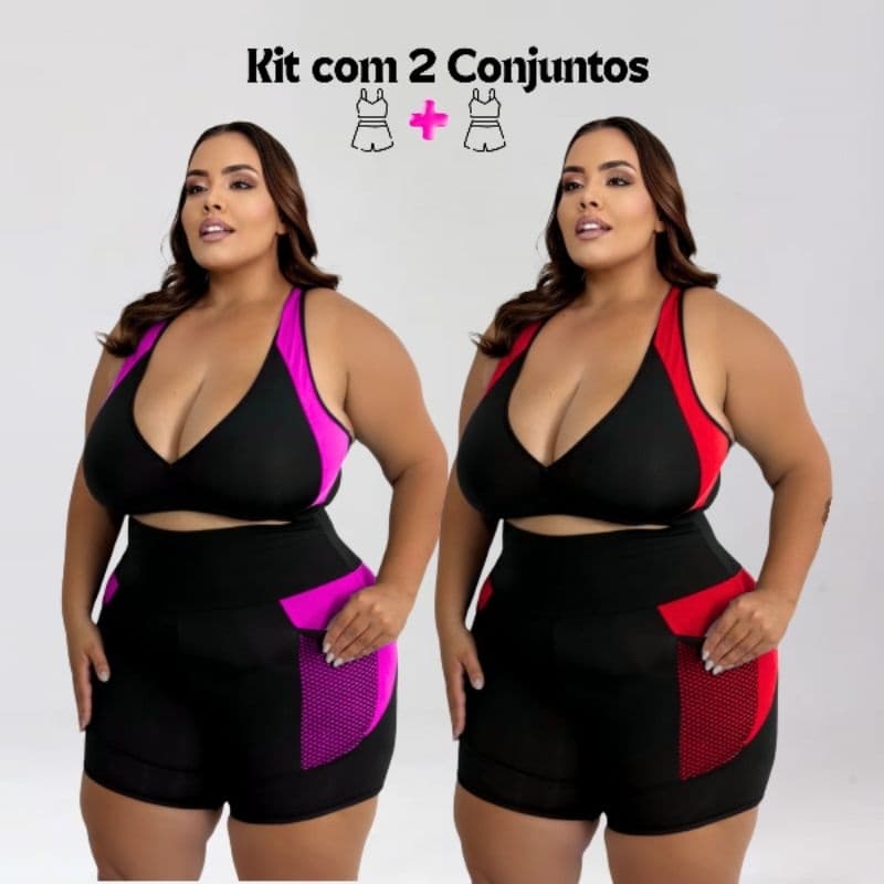 Kit 2 Conjuntos Moda Fitness Plus Size Feminino  Short + Top Cintura Alta Tendência Plus  Academia