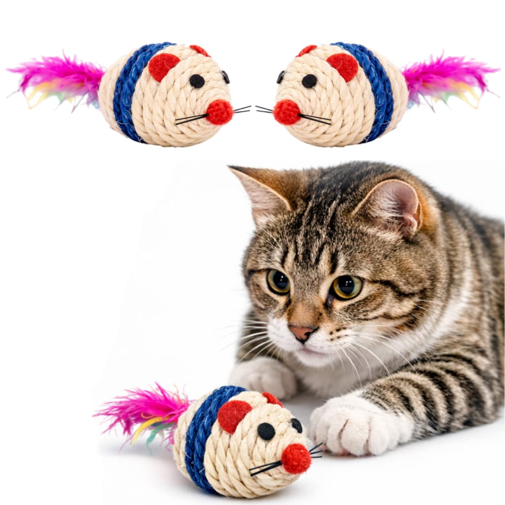 Brinquedo para Gatos Bola de Sisal Ratinho e Penas Interativo Erva do Gato Catnip