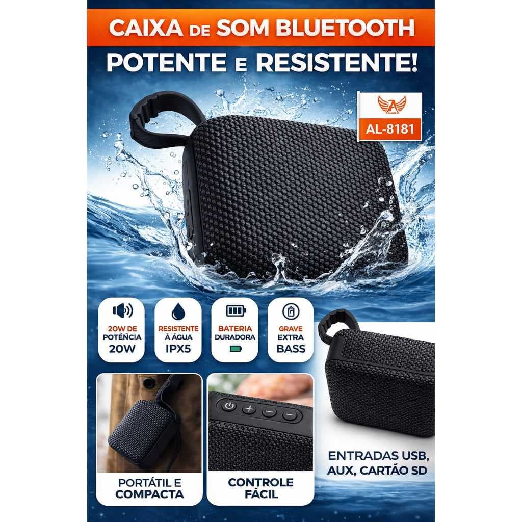 Caixa de Som Portátil 20W Impermeável com Bluetooth USB Tipo C Som Limpo e Potente