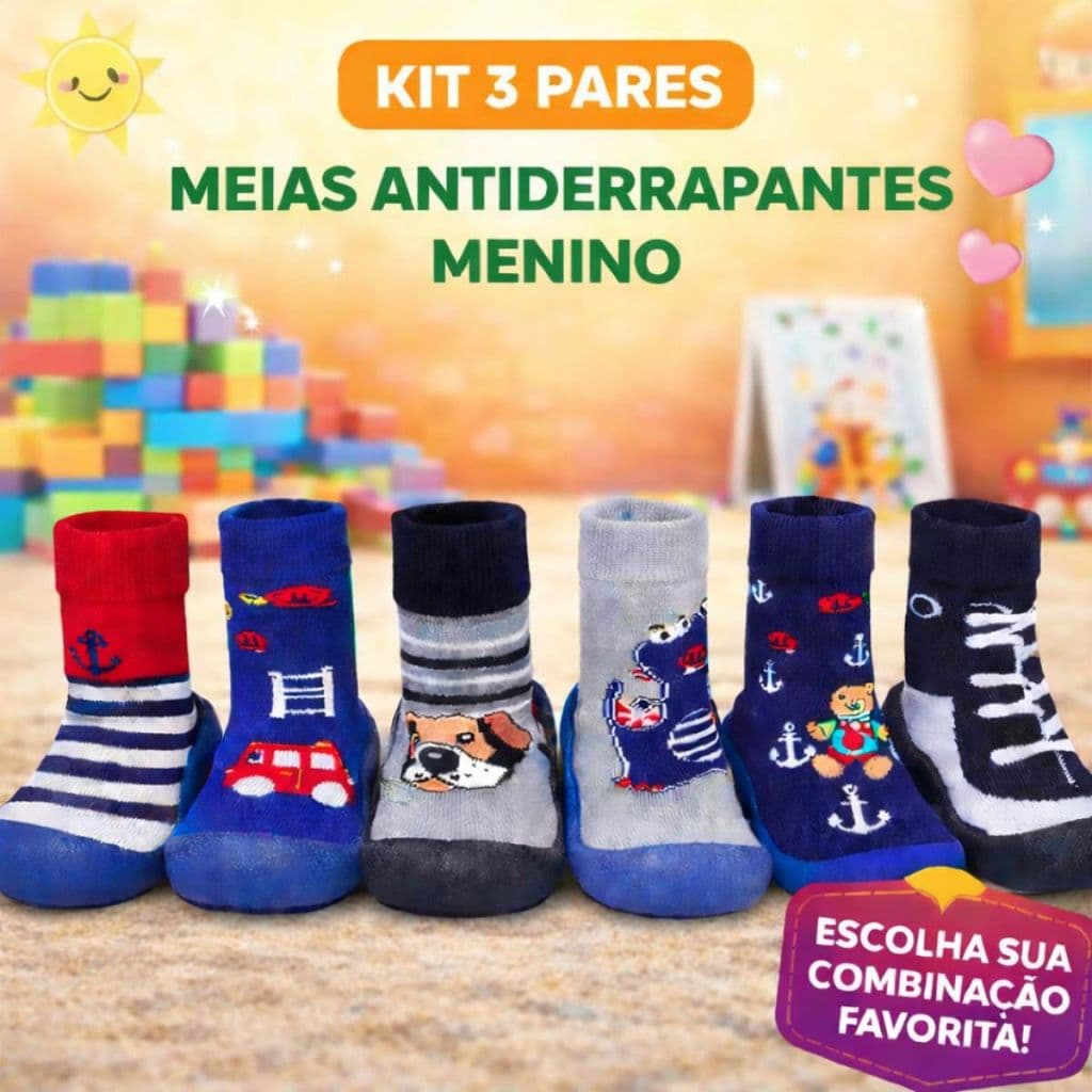 Kit 3 Pares Meia Antiderrapante Infantil Menino Bebê Confortável Primeiros Passos Calce Fácil Sola