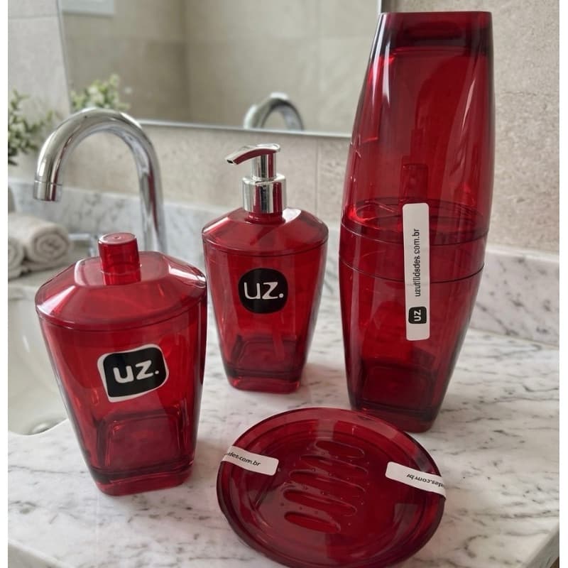 Kit Banheiro 4 Peças Uz Vermelho Porta Sabonete Líquido Saboneteira Porta Escova Porta Algodão Organizador Promoção