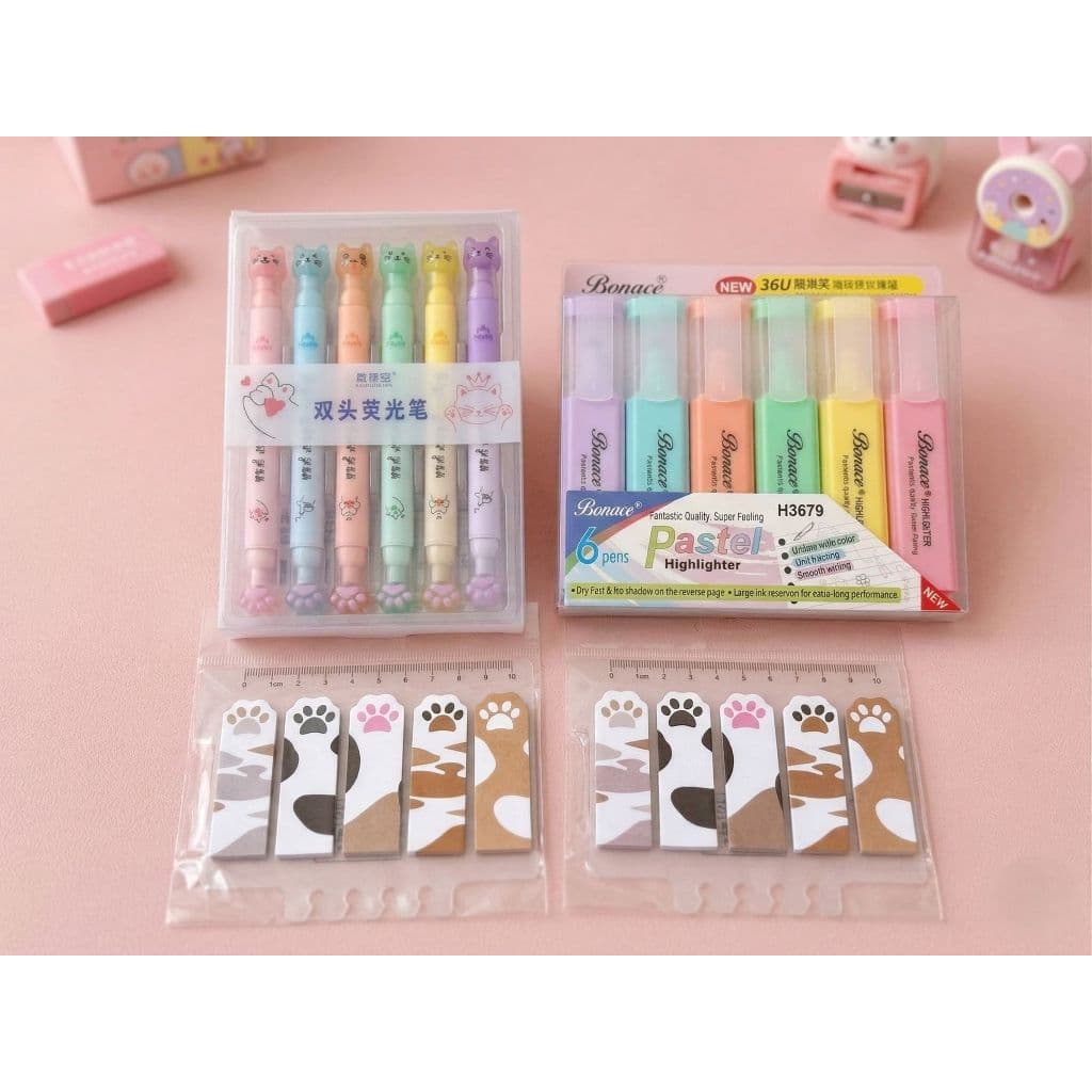 Kit Papelaria Kawaii Gatinho 18 Itens - Caneta Gatinho Dupla (12 cores) + 6 Marca Texto Pastel + 2 Sticky Notes Patinhas