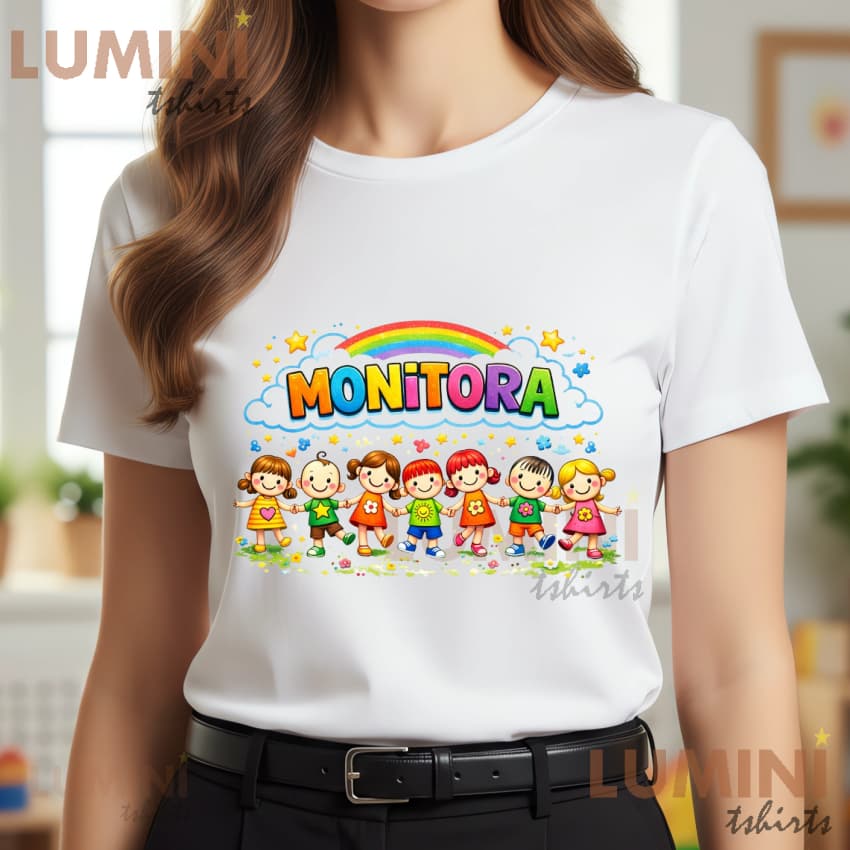 Blusa Tshirt MONITORA Núven e arco iris, colorida, auxiliar escolar, educação infantil, moda plus size, professora