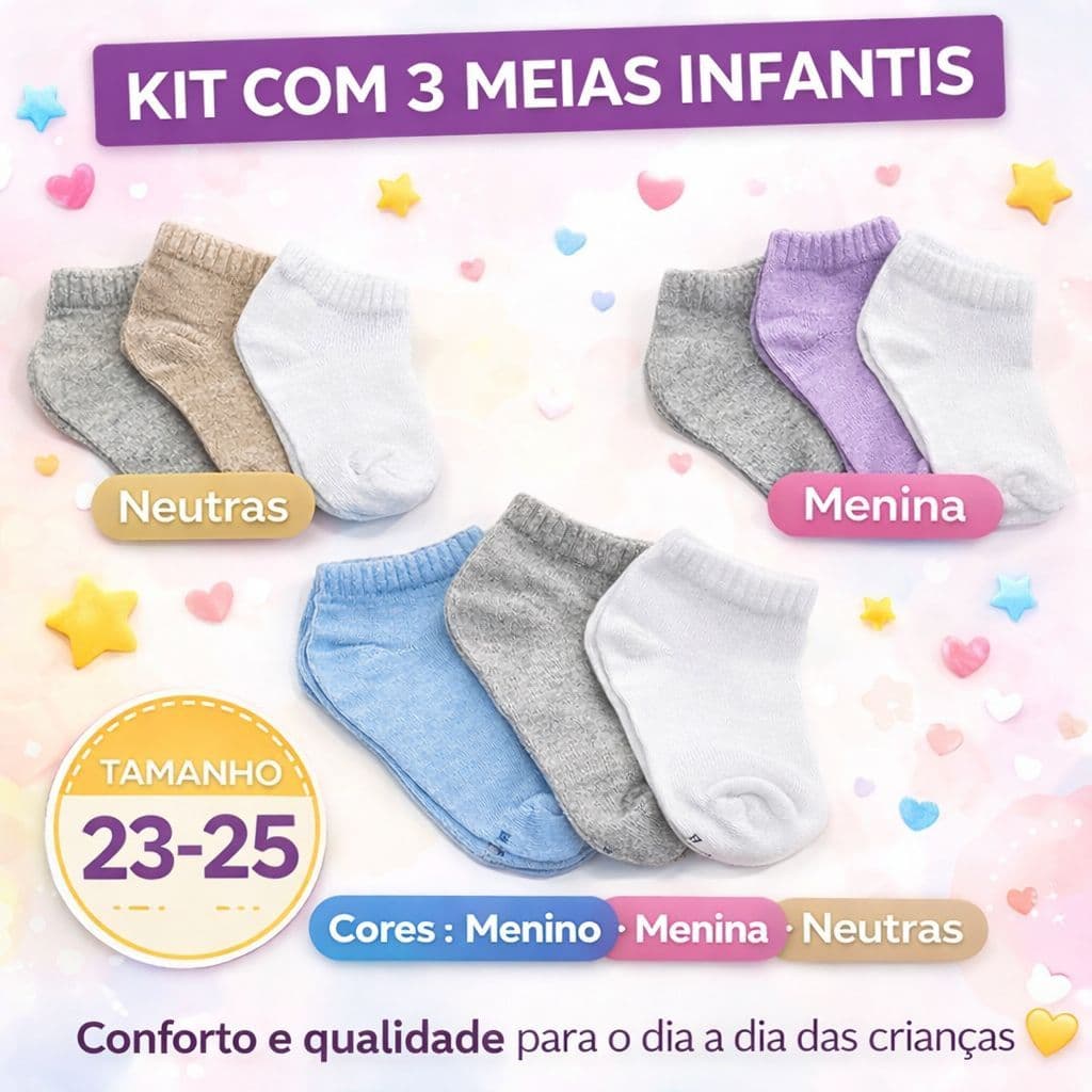 Kit 3 Pares De Meia Cano Baixo Infantil Lisa Várias Cores Confortável KIT85-K3