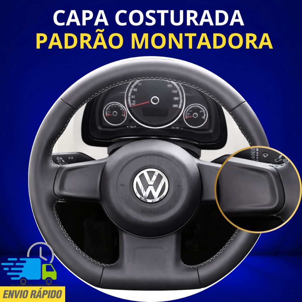 Capa de Volante Costurada Vw UP 2012 a 2017 Kit Completo Preta