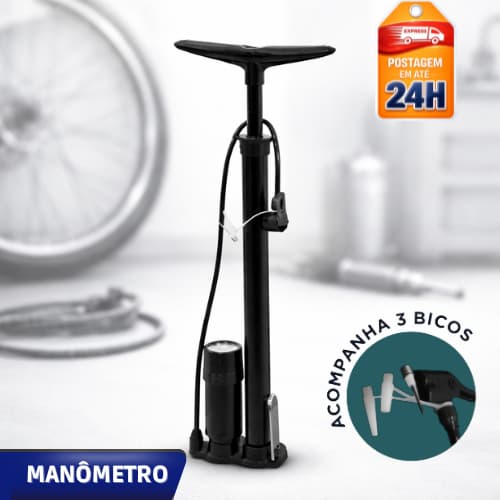 Bomba de Ar para Bicicleta com Manômetro e Copo Metálico | Alta Pressão | Encher Pneus Bike/Moto