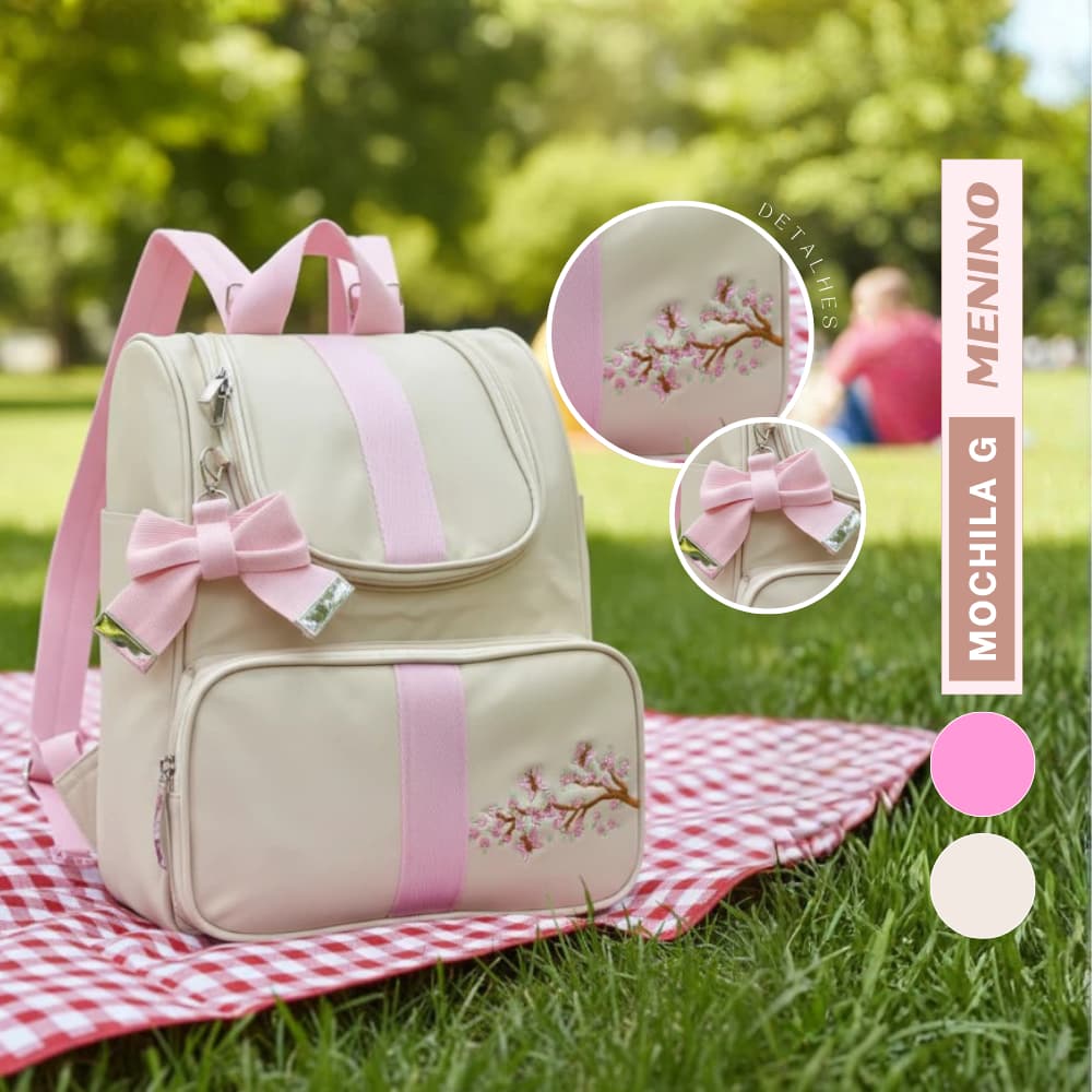 Mochila Maternidade Rosa Bebê Luxo Bordado Galho | Térmica Impermeável