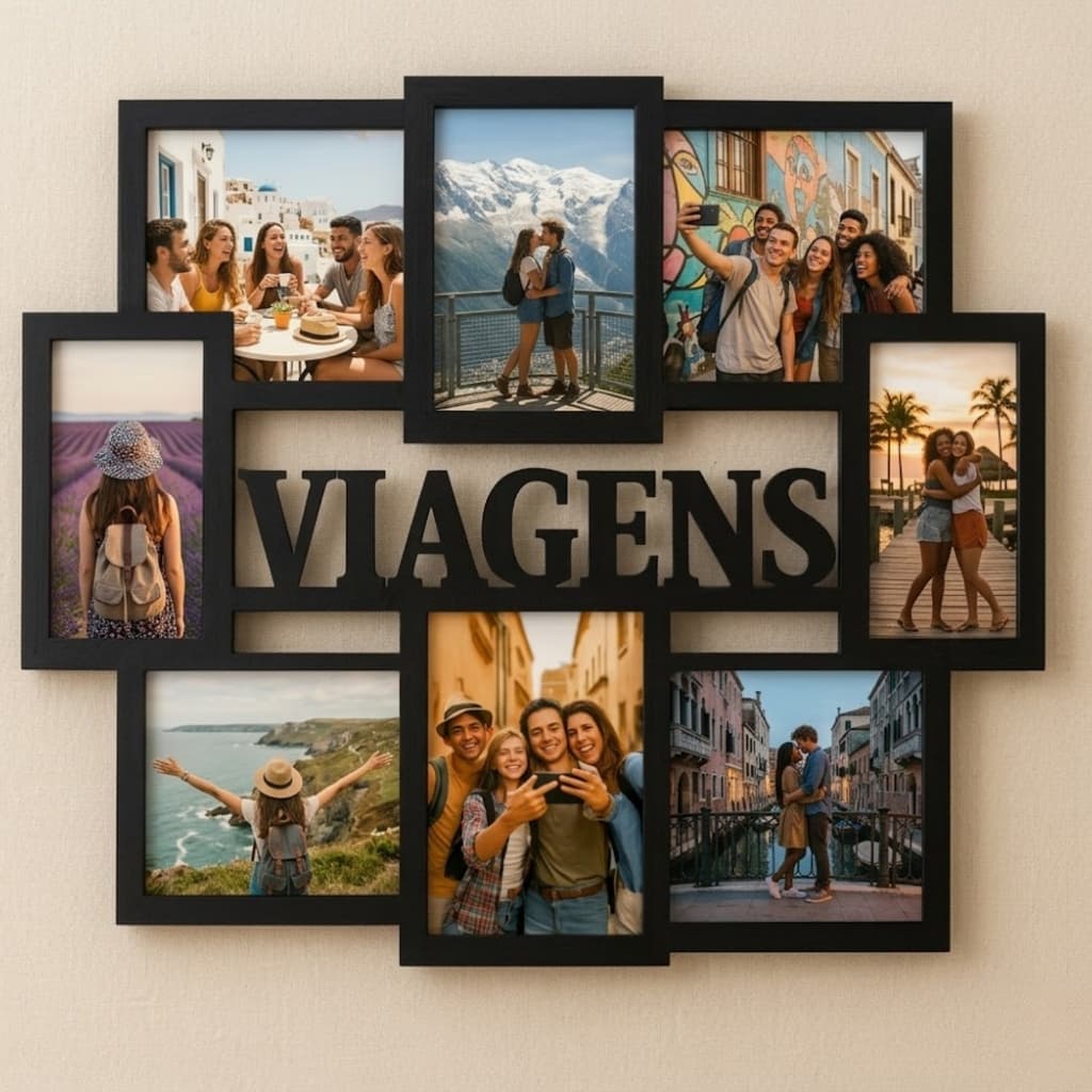 Mural Porta Retrato 8 Fotos MDF Decorativo 62x49cm - Viagens