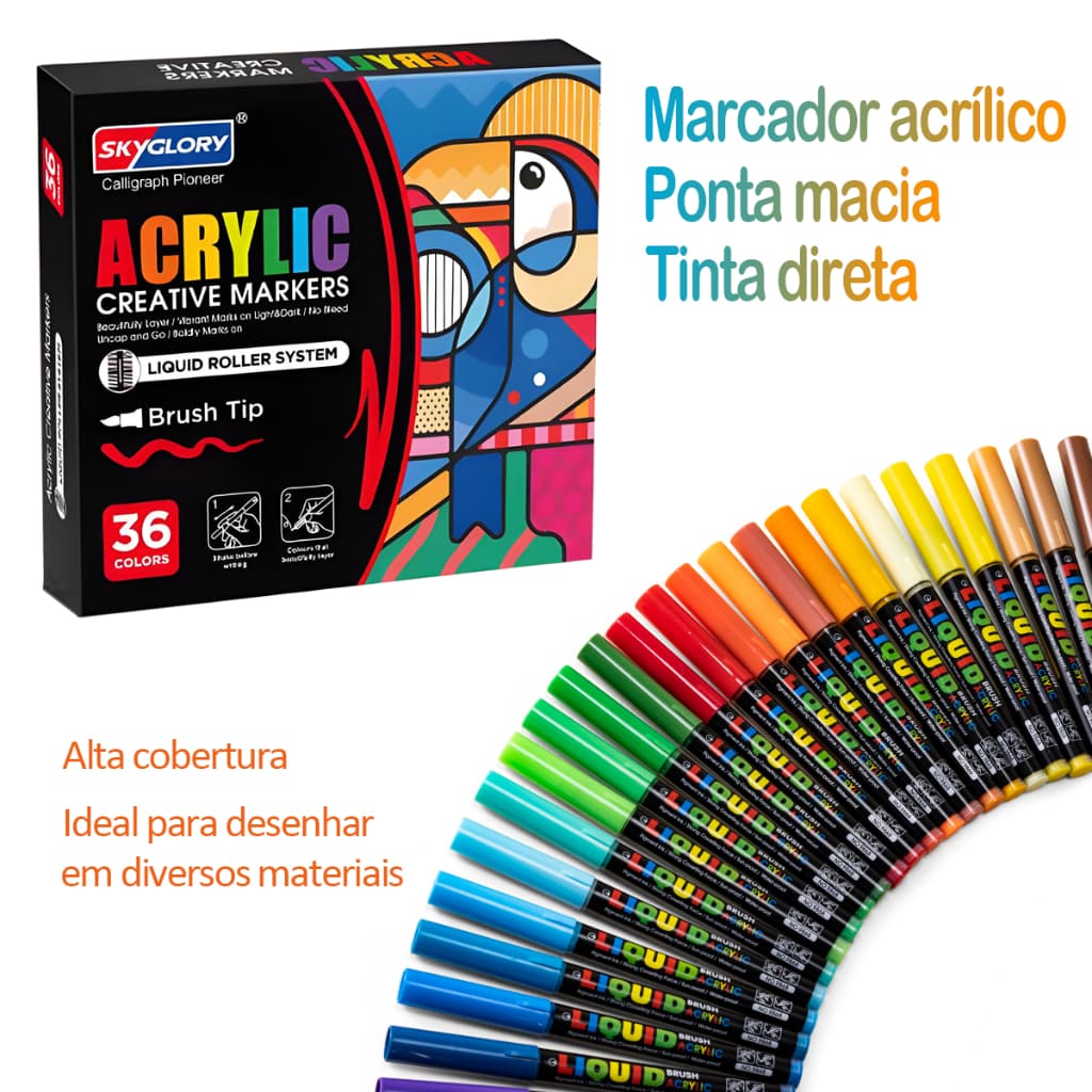 Marcador Acrílico SKYGLORY Ponta Flexível Tinta Direta Cores Vivas Alta Cobertura