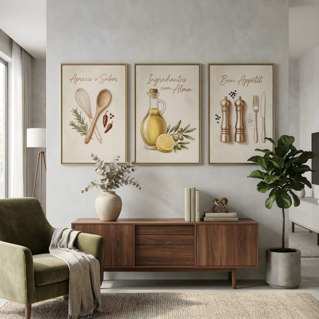 Kit 3 Quadros Decorativos Cozinha Gourmet Área Churrasco Utensílios Temperos Premium Moderno