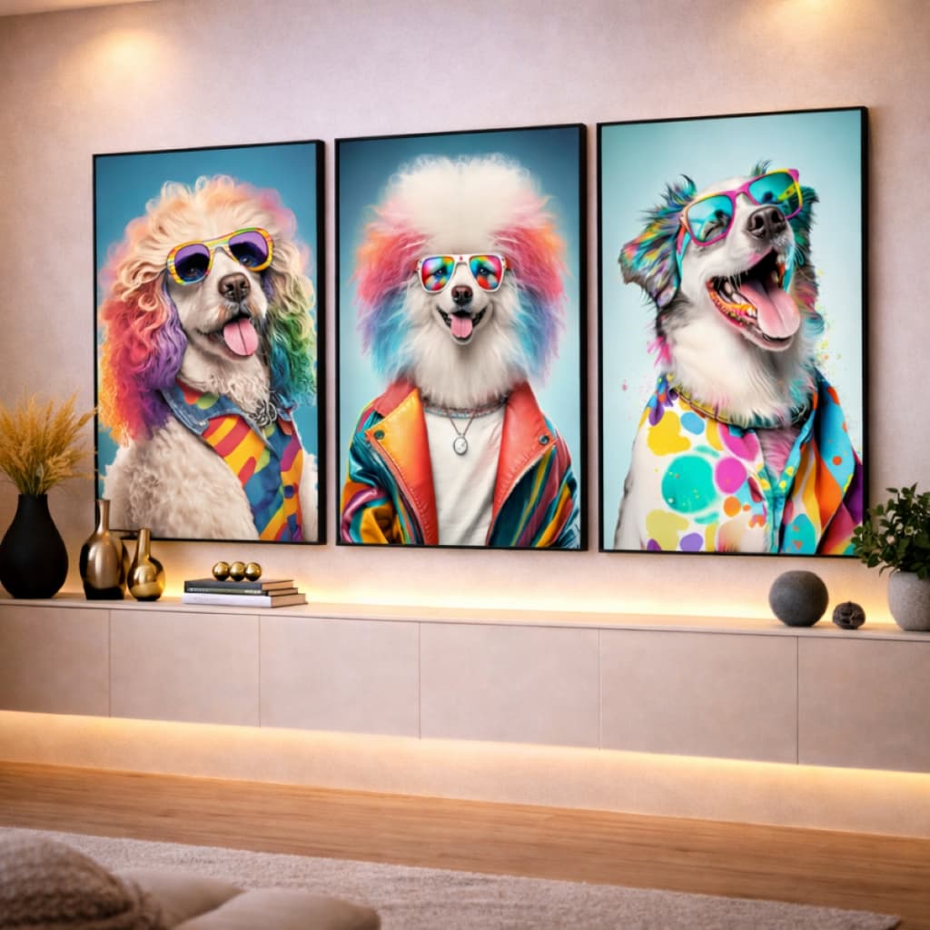Quadro Decorativo Cachorro Cães Estiloso Óculos Coloridos 3 Peças