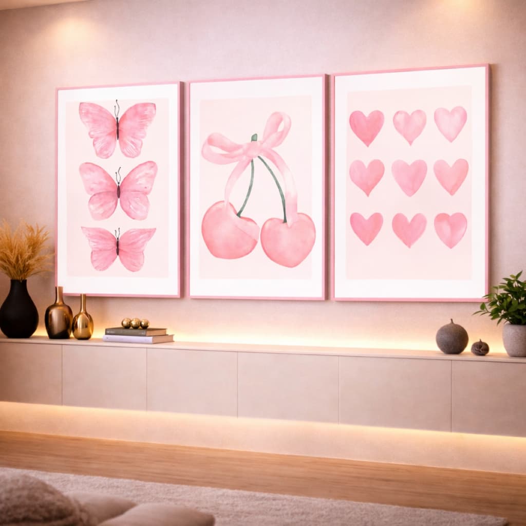 Quadro Decorativo Borboleta Cereja Coração Rosa Delicada Quarto HD 3 Peças