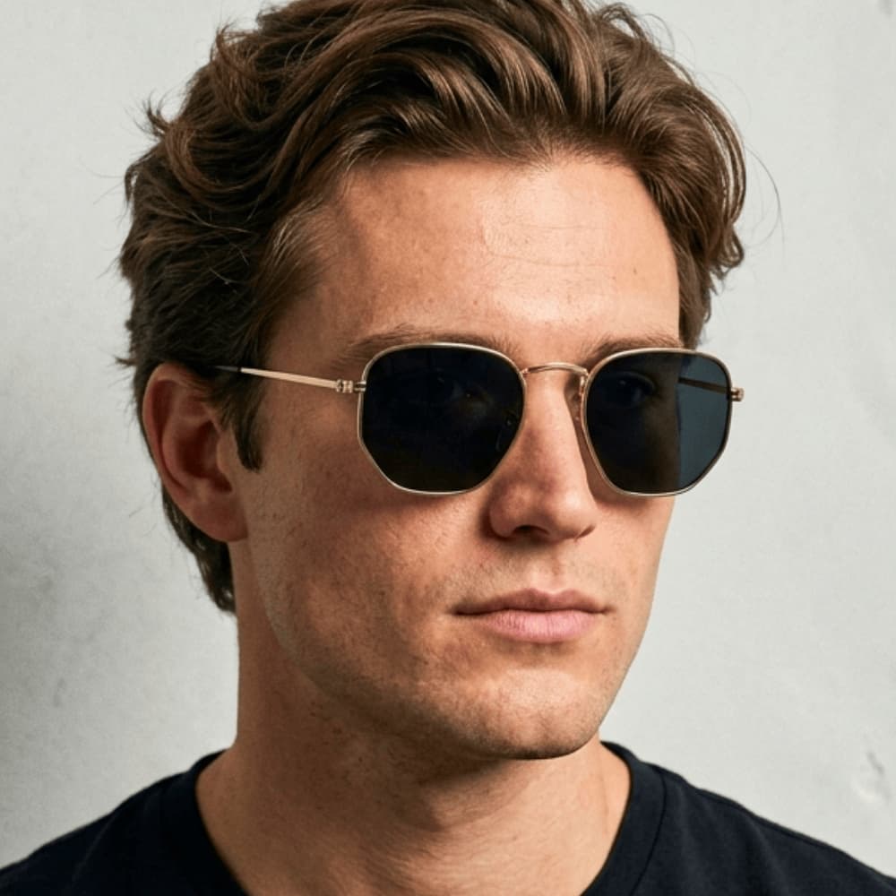 Óculos de Sol Hexagonal Clássico Retrô  em Metal Masculino Proteção Uv400 Reforçado