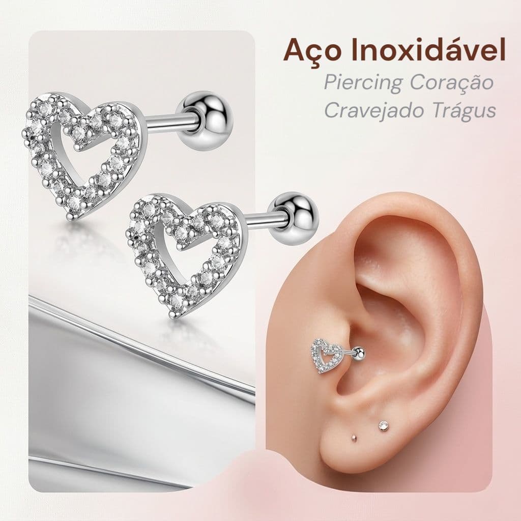 Piercing Feminino Coração com Zircônia Aço Inox Premium Não Escurece Promoção