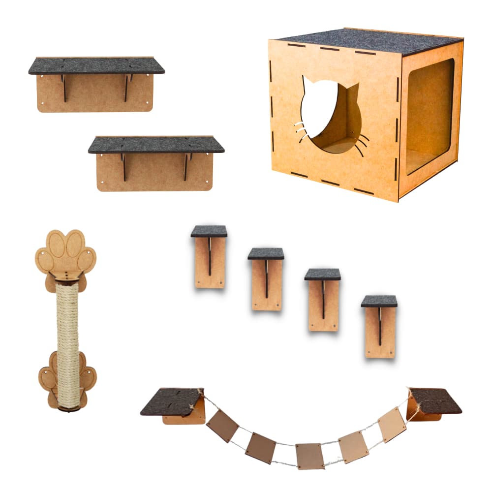 Playground para Gatos Kit 9 Peças Reforçado Suspenso Parede Nichos Casinha e Prateleiras Degraus Mdf