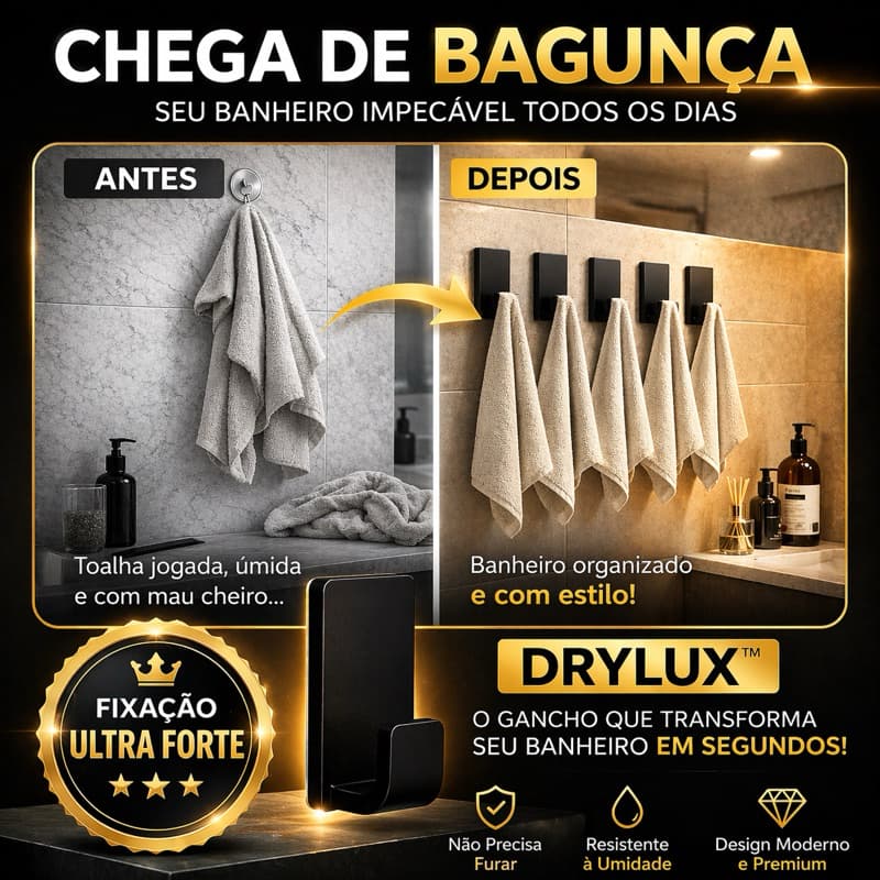 Porta Toalha Premium Sem Furo DryLux™️ | Gancho Adesivo Ultra Forte 5kg | Organizador Banheiro, Cozinha e Lavanderia