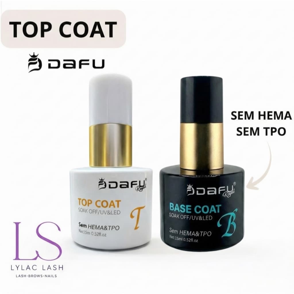 Top Coat Dafu + Gel Base Coat Sem Hema Sem TPO Alto Brilho Secagem em Cabine Led/UV - 15ml