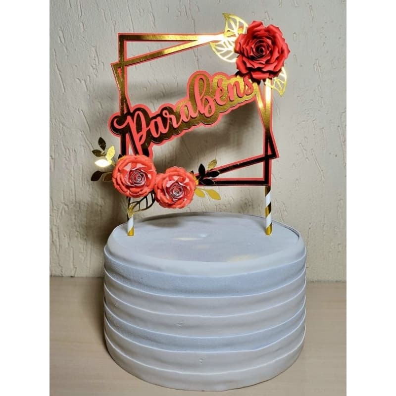 Topo de Bolo Luxo Personalizado com Flores 3D Vermelho Dourado