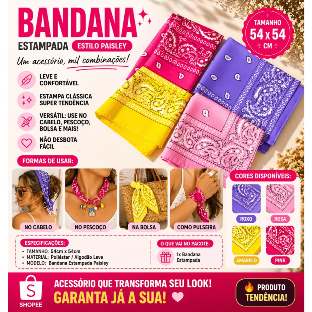 Bandana Feminina Estampada Estilo Paisley 54x54cm Lenço Moda Vintage Cabelo Pescoço Bolsa 6 Cores