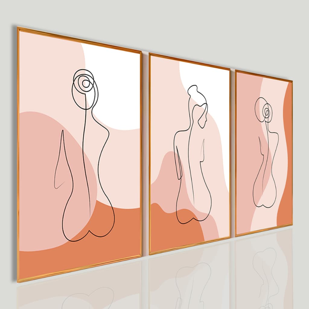 Kit 3 Quadros Decorativos Boho Chic Minimalista Line Art Feminino Terroso