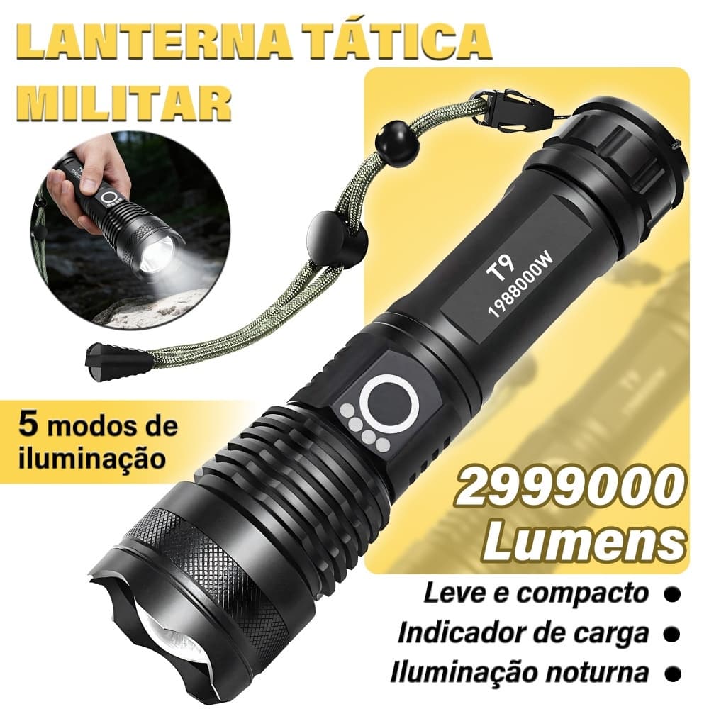 Lanterna T9 Tática Potente Recarregável LED XHP70 1000m Zoom Lanterna Forte USB